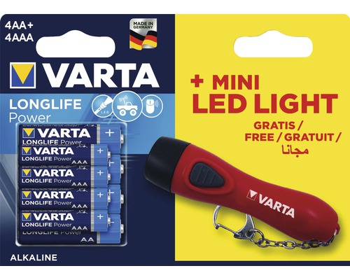 Sada Alkalické baterie VARTA 4x AAA a 4x AA + Mini LED svítilna Light