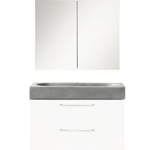Souprava koupelnového nábytku lesklá bílá/umyvadlo beton 60x57 cm vč. zrcadlové skříňky-thumb-0