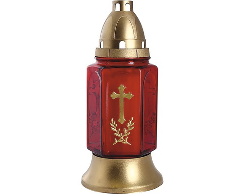 Hřbitovní lampa skleněná zlatý kříž 200 g červená