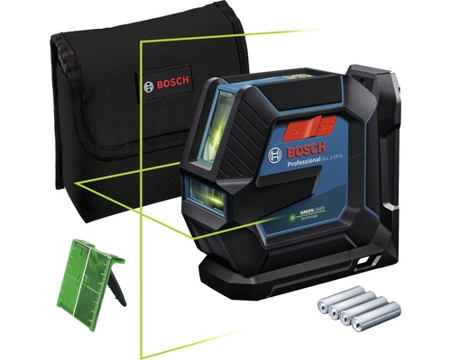 Čárový laser Bosch Professional GLL 2-15 G včetně laserové cílové tabulky a 4 x 1,5 V LR6 baterie (AA)