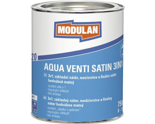 Barevný lak Modulan Aqua Venti Satin 3in1 hedvábně matný RAL9005 Tmavočerná 0,75 l