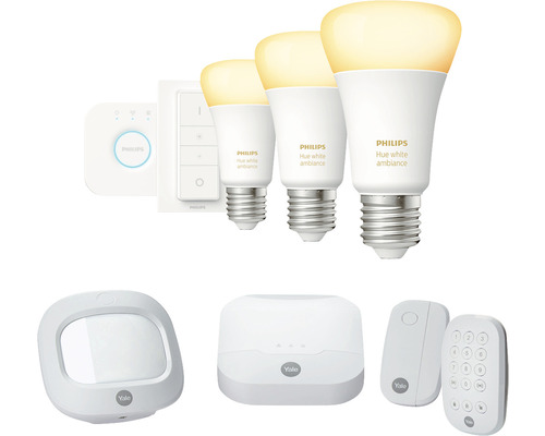 Sada: LED žárovka HUE White ambiance E27 9,5W/60W 806lm 2200-6500K 3set + Alarm Yale Sync IA-312 bezdrátový set