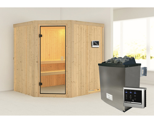 Elementová sauna Karibu Tobi vč. 9kW kamen a ext.ovládání bez střešního věnce s pobronzovanými celoskleněnými dveřmi
