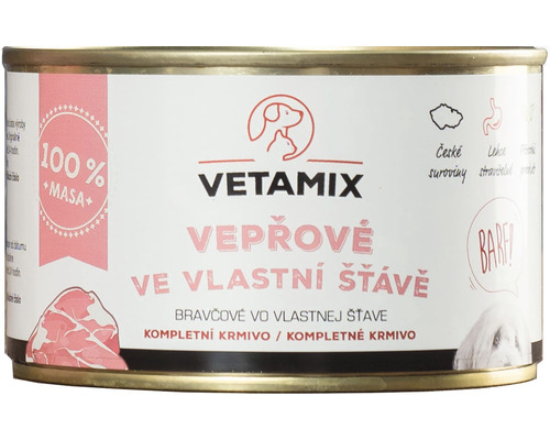 Konzerva pro psy a kočky VETAMIX vepřové ve vlastní šťávě 400 g