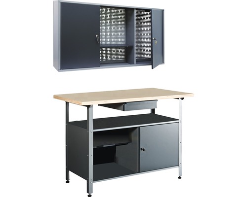 Dílenská sestava šedá 1200x600 mm, 2-dílna, pracovní stůl a nástěnná skříňka